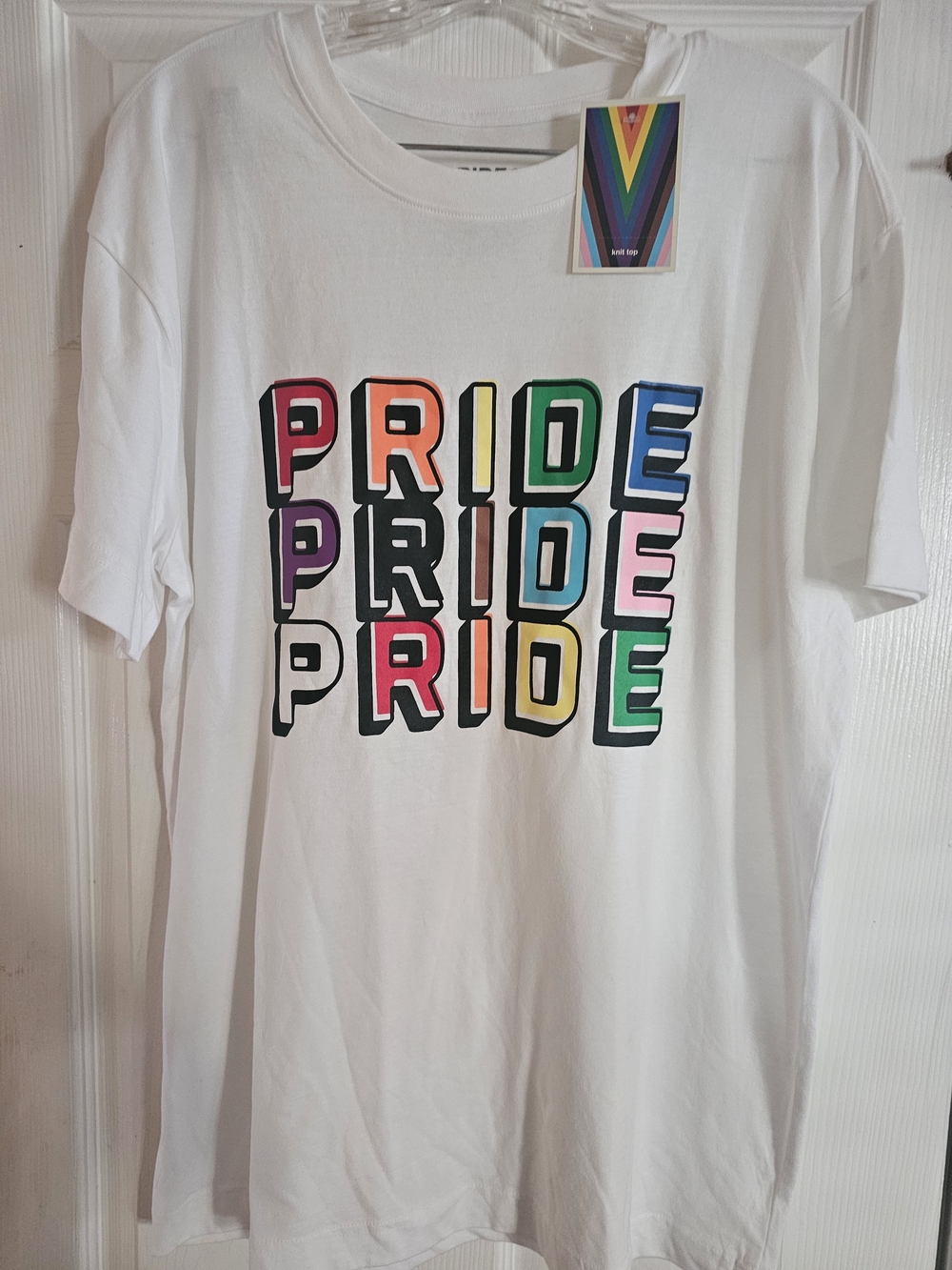 New White Pride Graphic Tee with Multicolor Block Letters